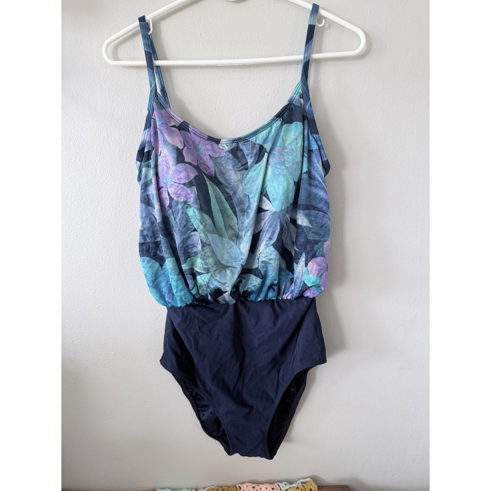 Vintage 90s Longitude Blue Floral Tropical One Piece‎ Swimsuit Sz 14